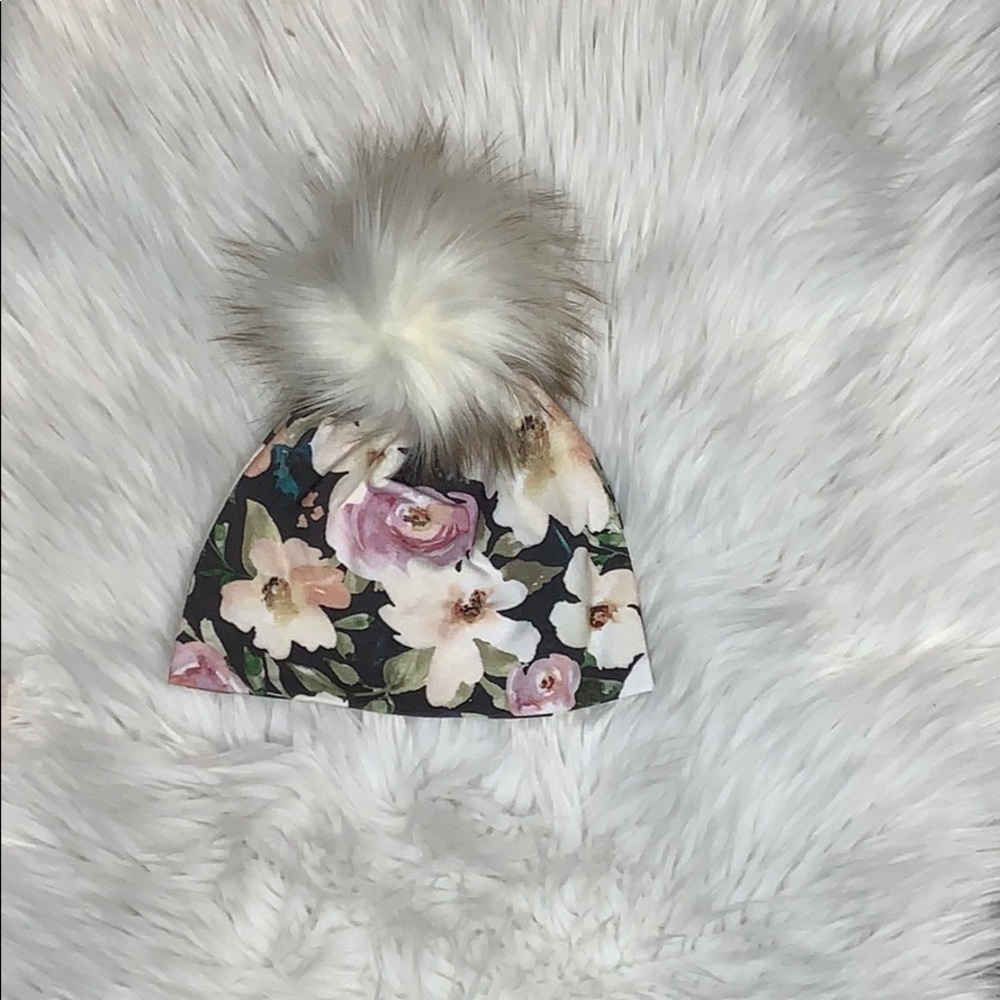 Baby Charcoal Floral Fur Pom Beanie